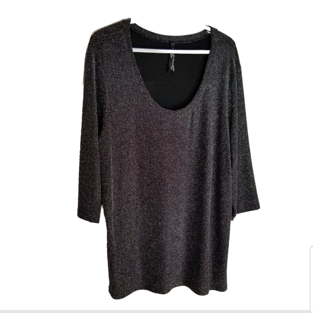 Seven7 Luxe Top Womens 22/24 Black Metallic Silver Sparkle Round Neck 3/4 Sleeve